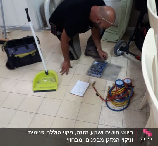 אדם עובד עם כלי עבודה ומד לחץ למזגן